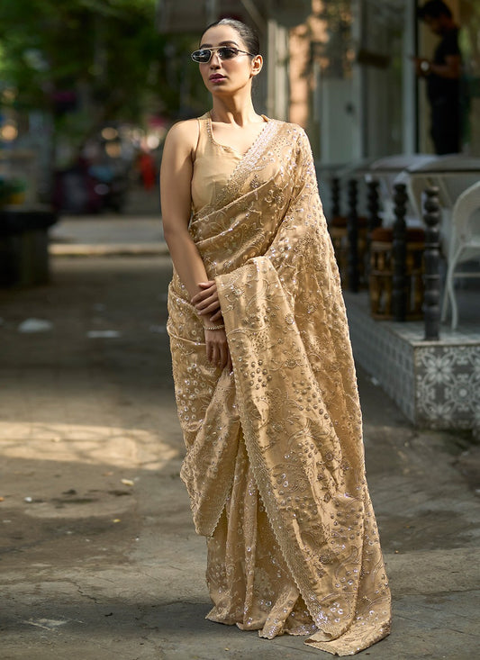 Beige Silk Trendy Saree Embroidered, Sequins S20142
