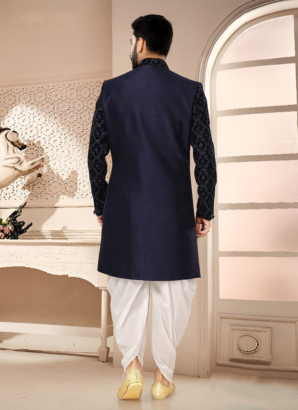Embroidered Silk Blue Sherwani - M7543