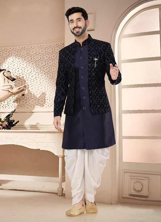 Embroidered Silk Blue Sherwani - M7543