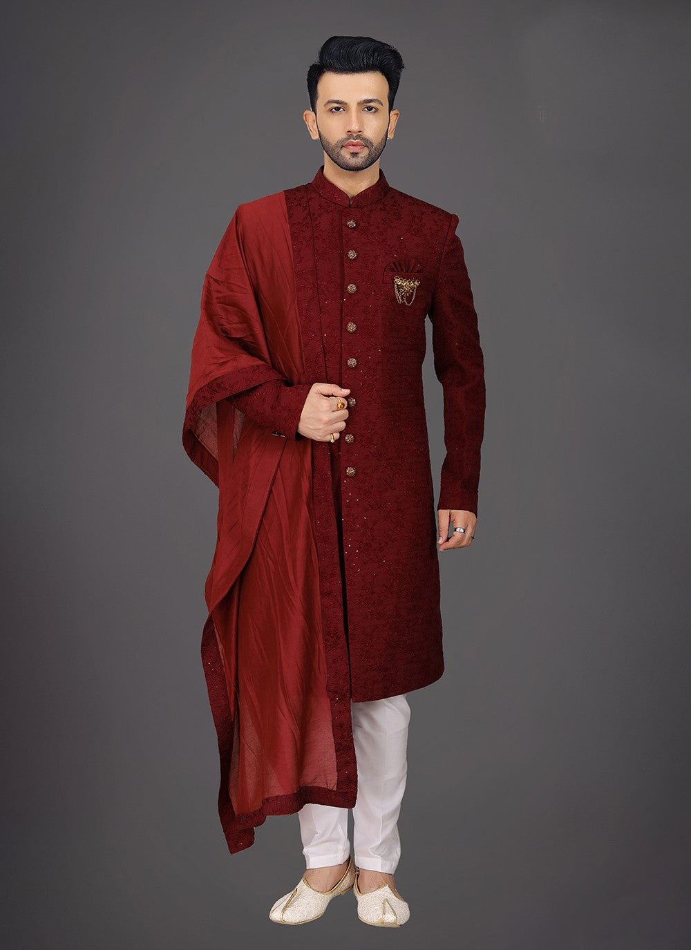 Embroidered Silk Brown Sherwani - M7981