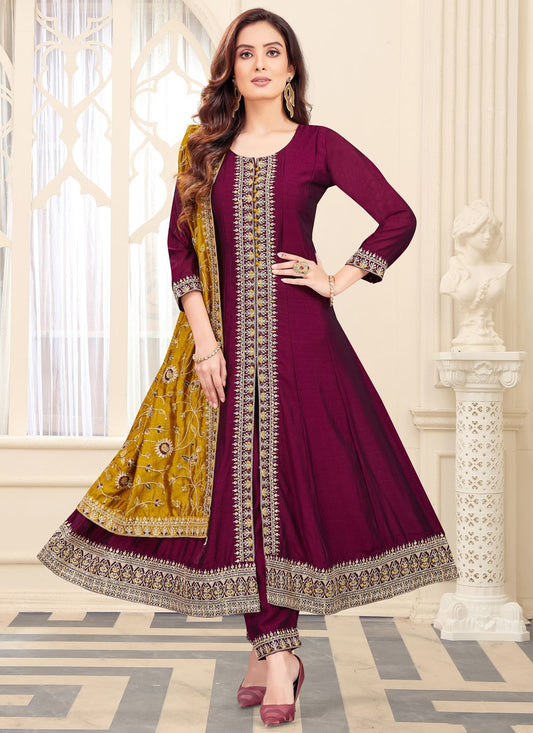 Churidar Suit Embroidered Purple Silk T5611