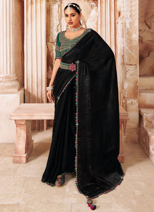Black Silk Classic Saree Embroidered, Lace S19936