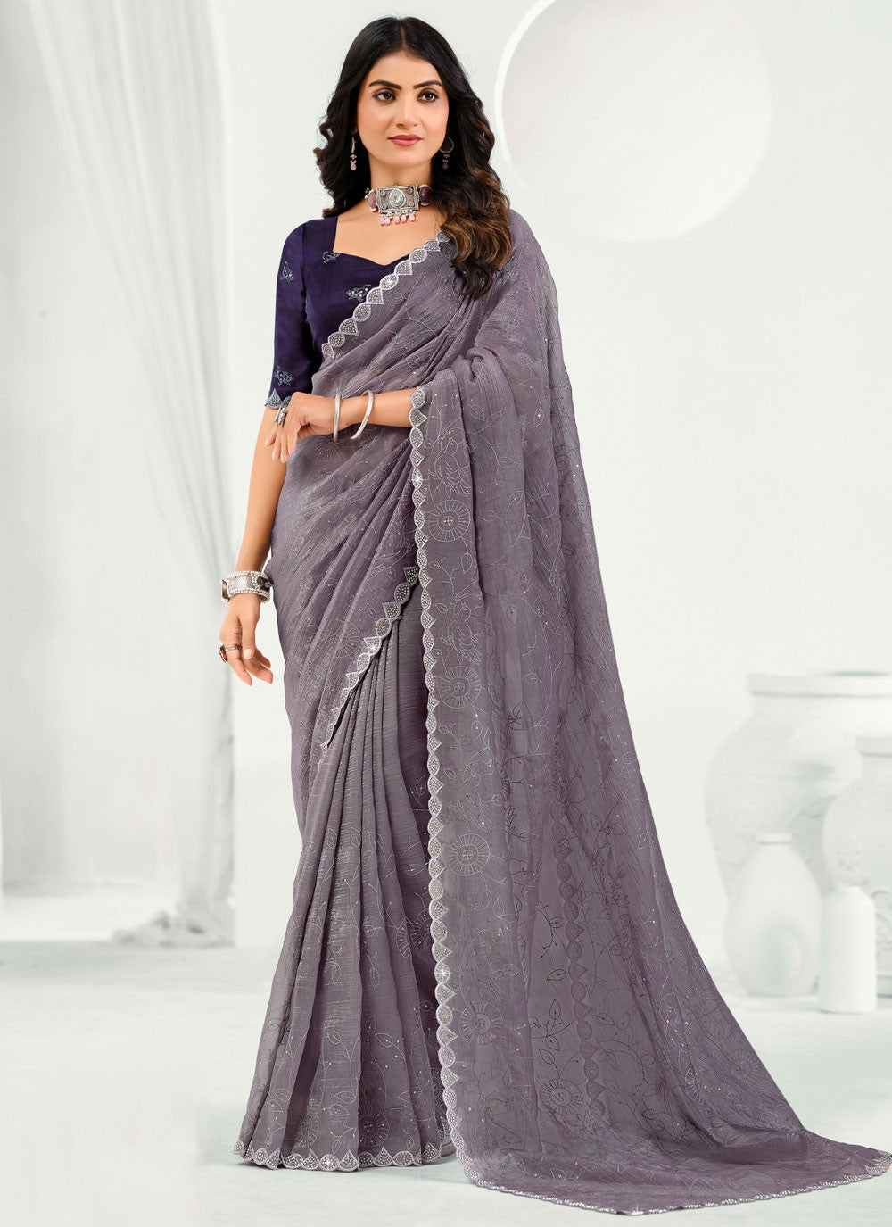 Grey Silk Classic Saree Embroidered S20508