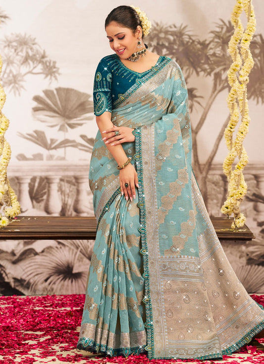 Aqua Blue Silk Contemporary Saree Embroidered, Lace S19598