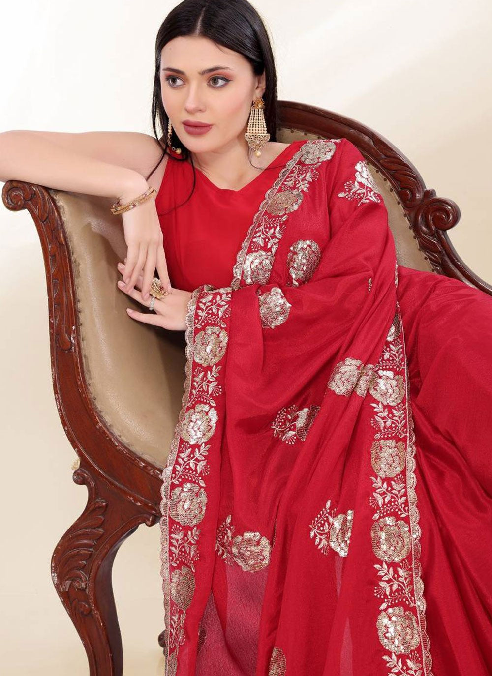 Embroidered Chinon Red Saree S13807