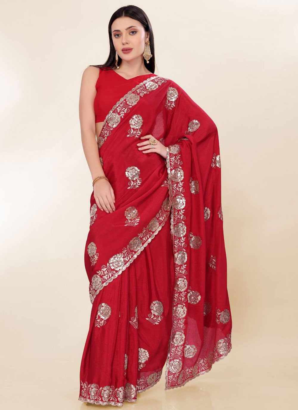Embroidered Chinon Red Saree S14043
