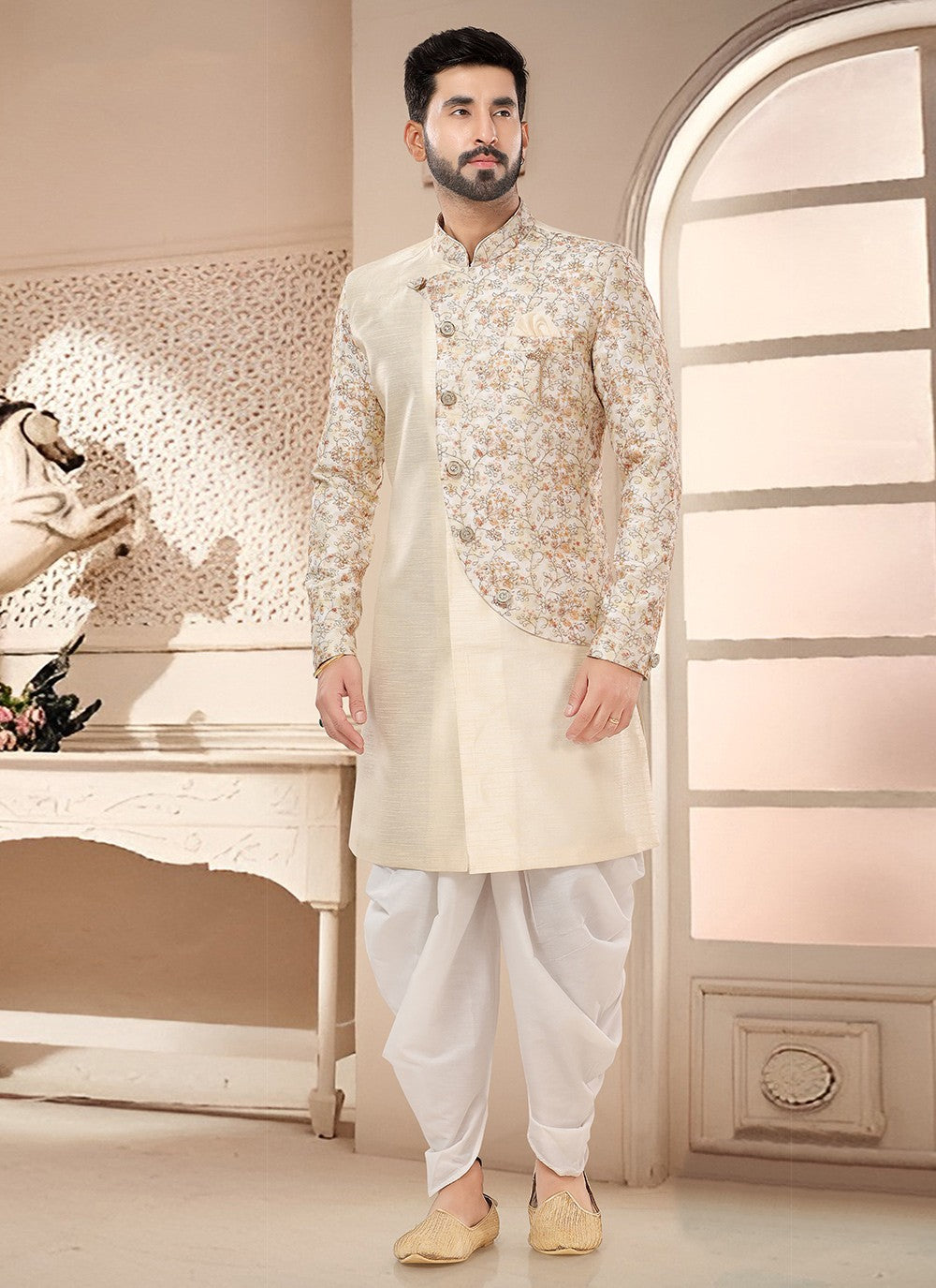 Embroidered Silk Cream Sherwani - M7576
