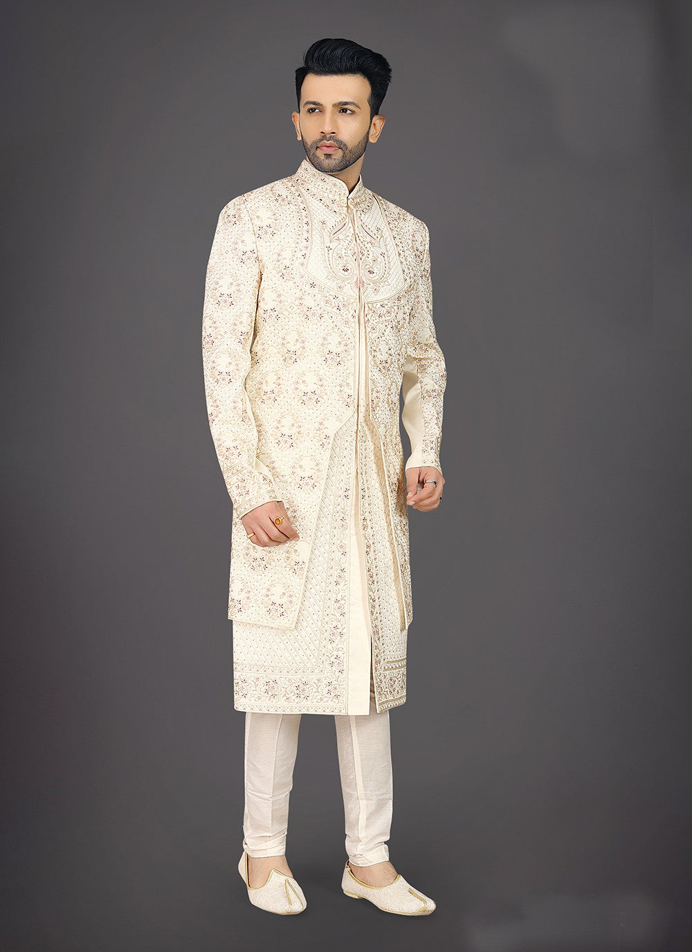 Embroidered Silk Cream Sherwani - M7958