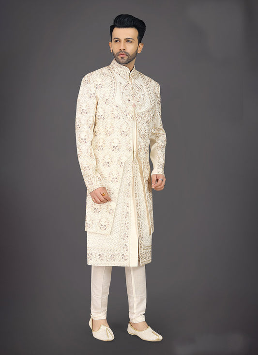 Embroidered Silk Cream Sherwani - M7958