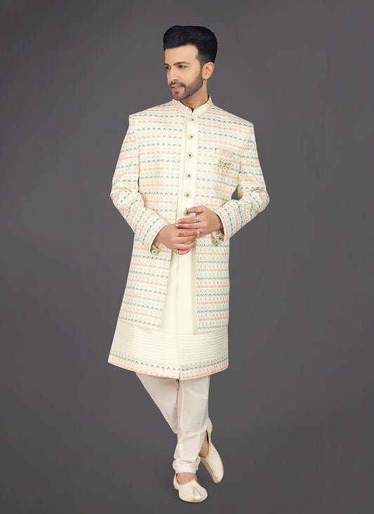 Embroidered Silk Cream Sherwani - M8016