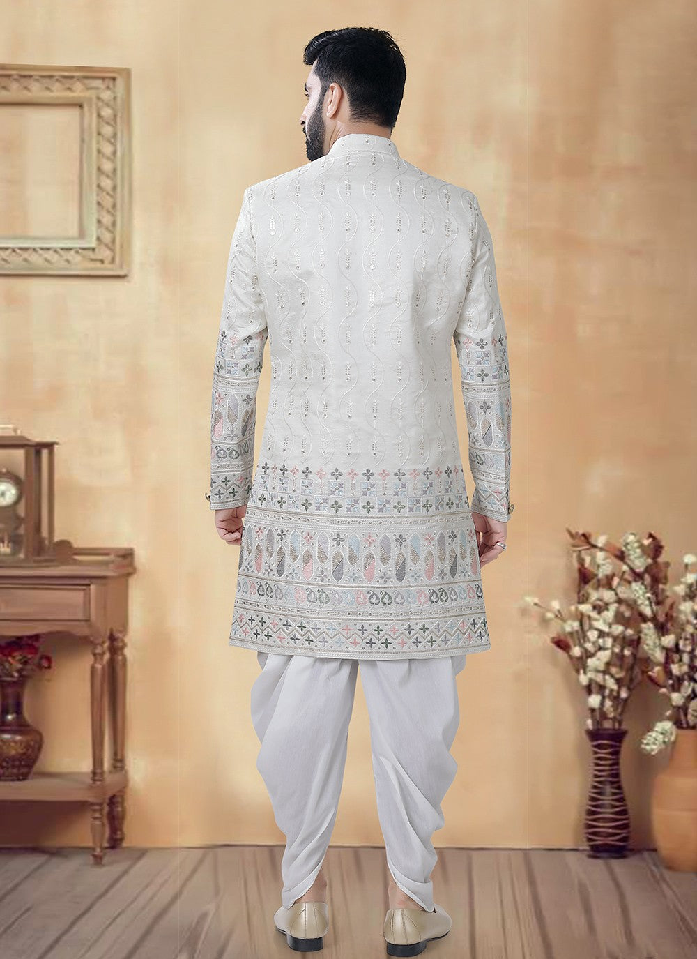 Embroidered Silk Cream Sherwani - M8500