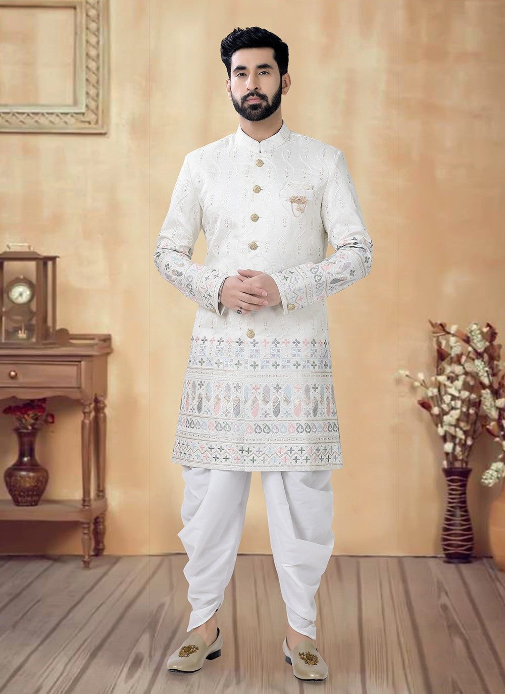 Embroidered Silk Cream Sherwani - M8500