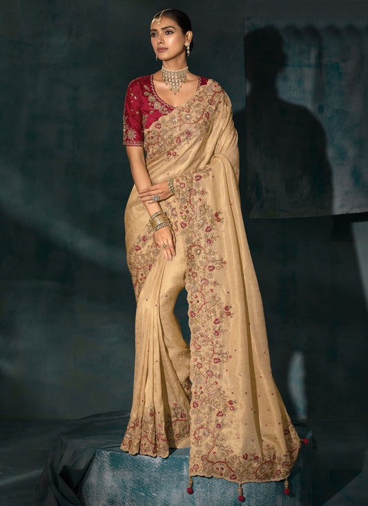 Cream Silk Trendy Saree Cutdana, Embroidered, Mirror, Moti, Thread, Zari S19720