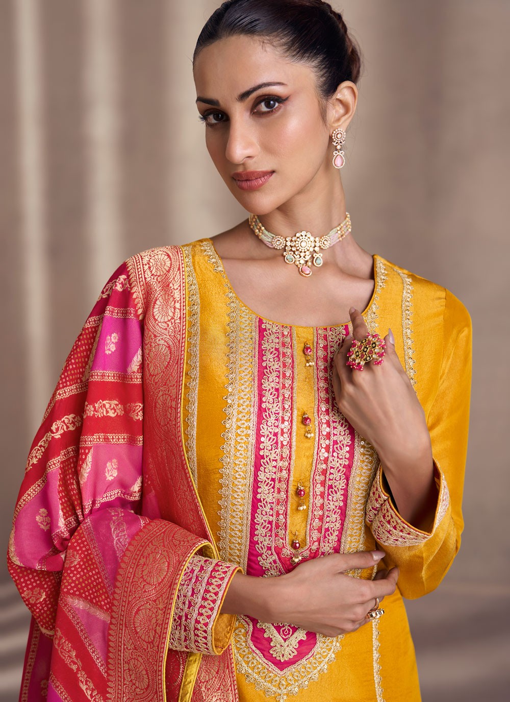 Salwar Suit Embroidered Yellow Shimmer T5527