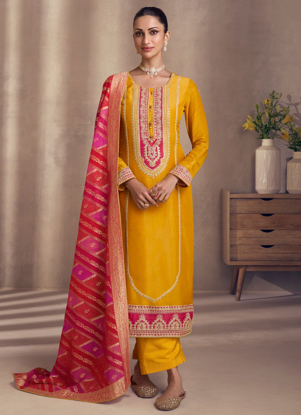 Salwar Suit Embroidered Yellow Shimmer T5527