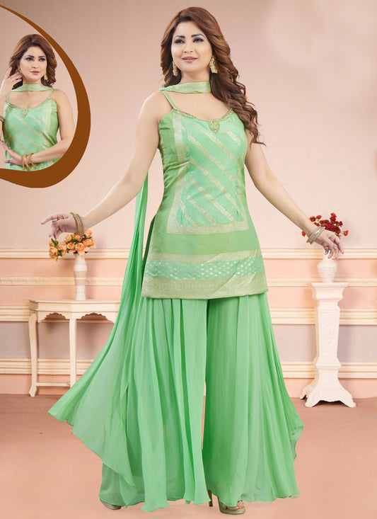 Palazzo Suit Embroidered Green Silk T5855