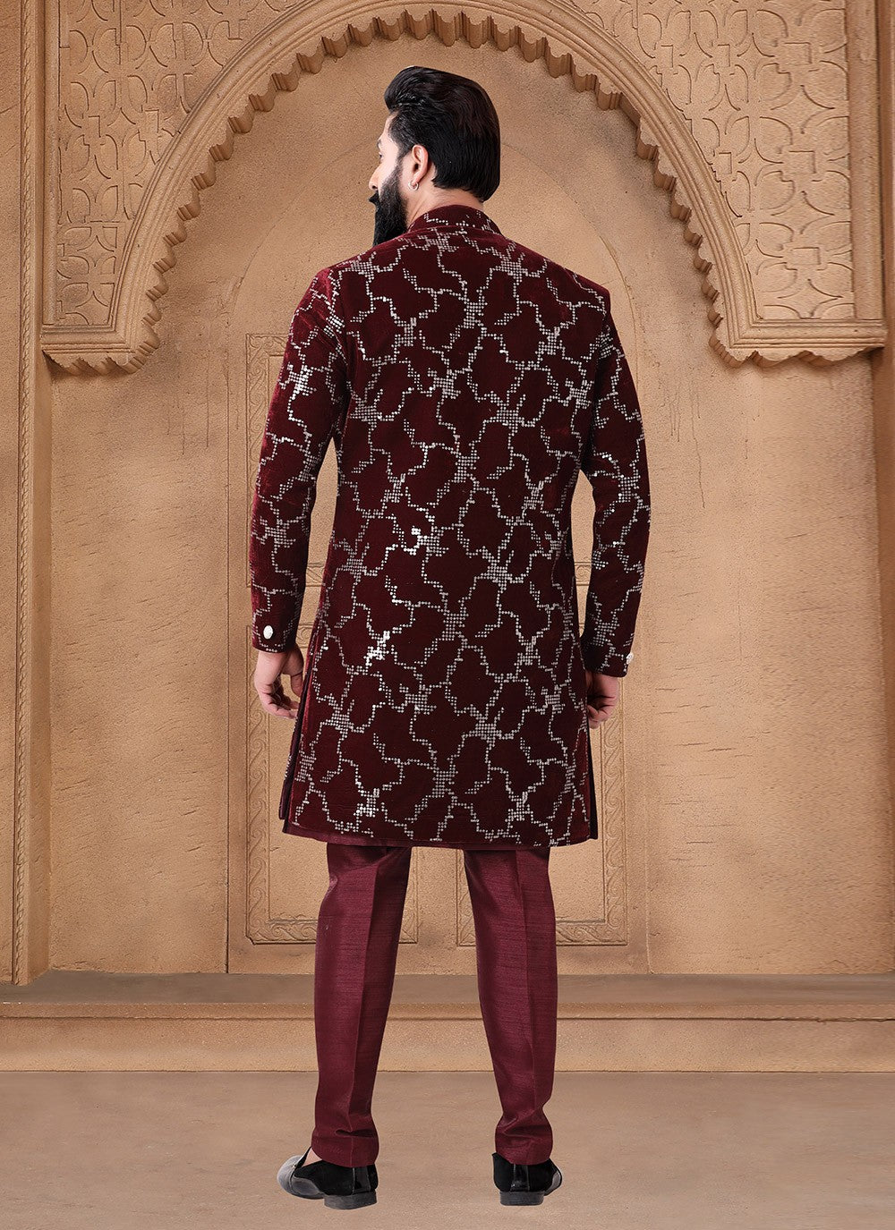 Embroidered Silk Maroon Indo Western - M7670