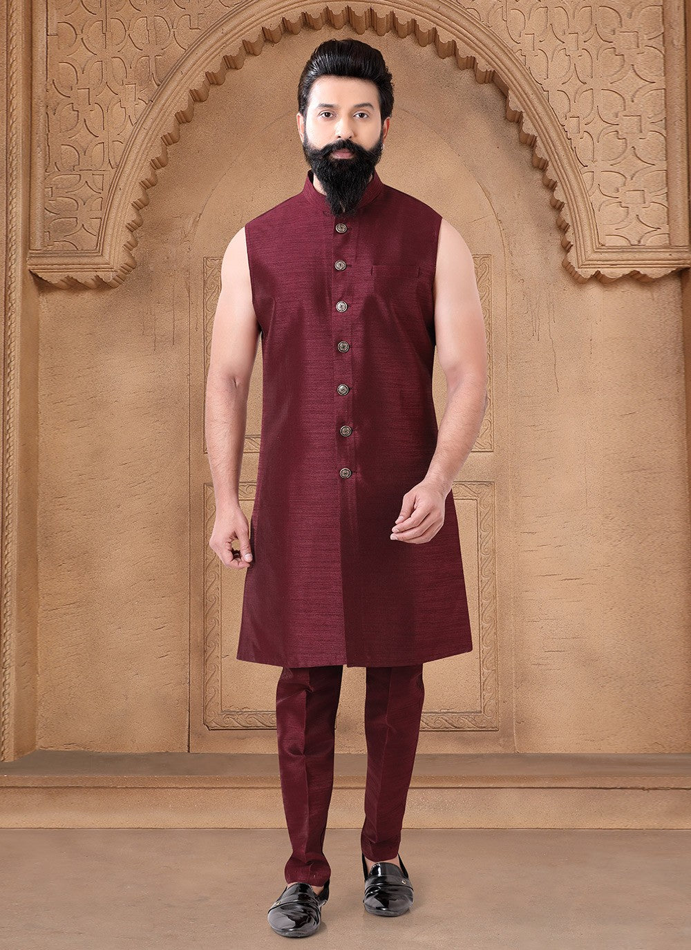 Embroidered Silk Maroon Indo Western - M7670
