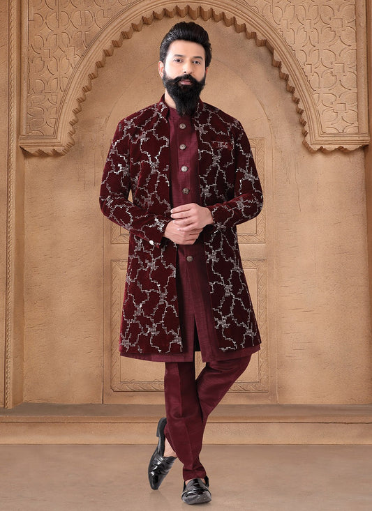 Embroidered Silk Maroon Indo Western - M7670