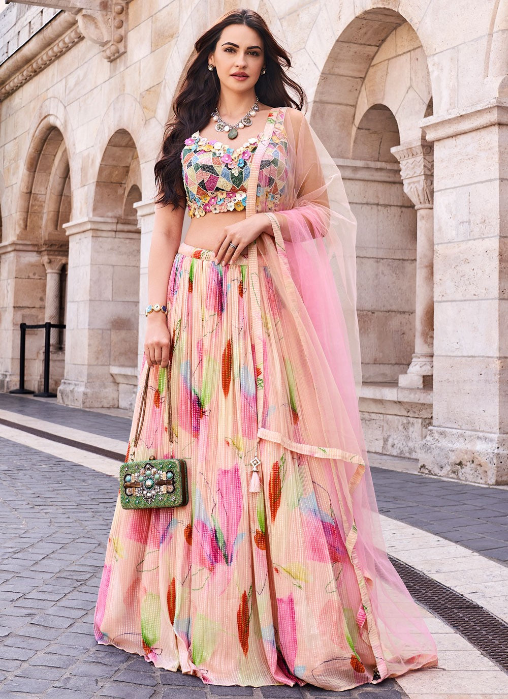 Embroidered Silk Peach Lehenga - L3312