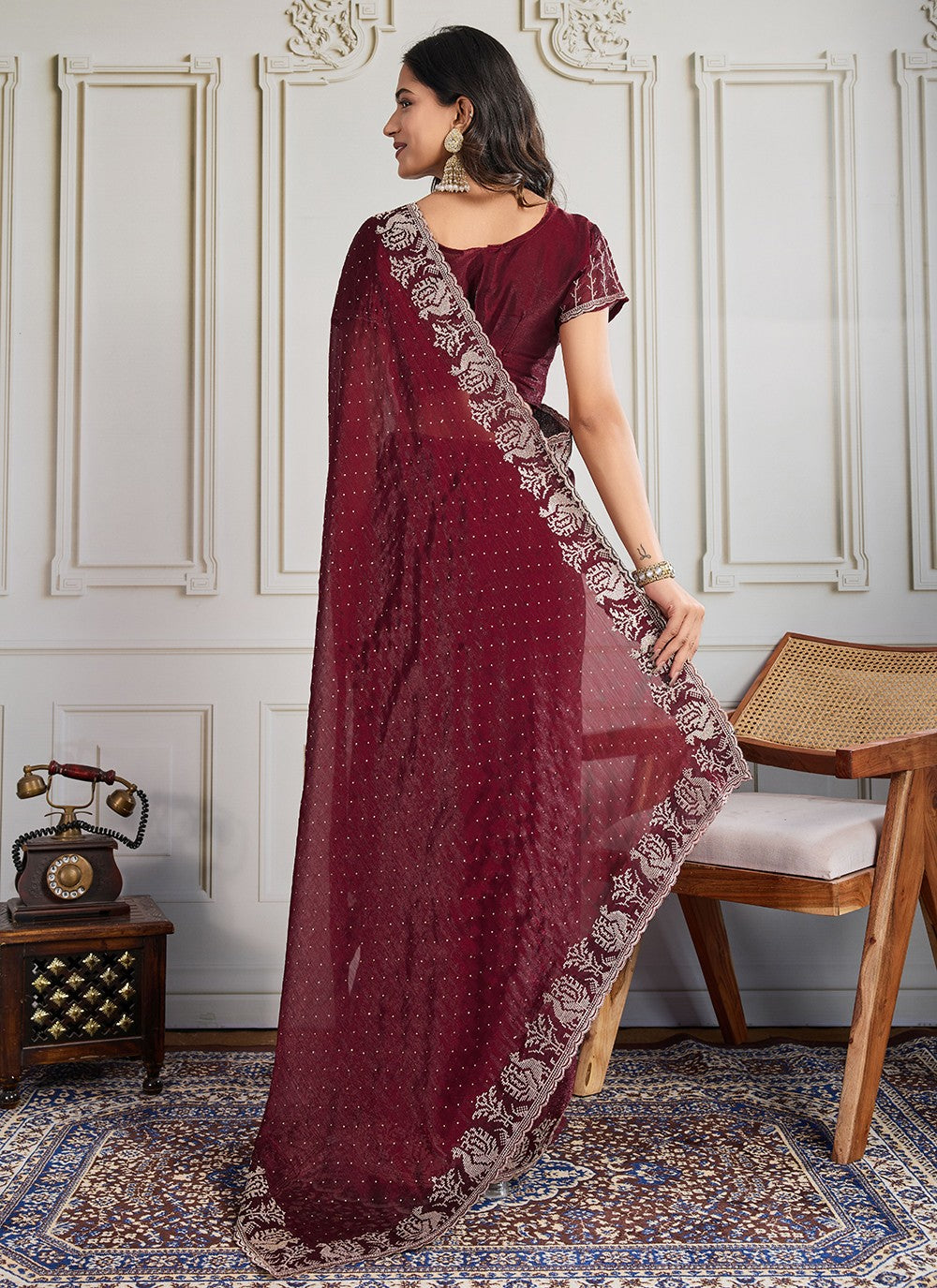 Maroon Silk Trendy Saree Embroidered, Swarovski S19436