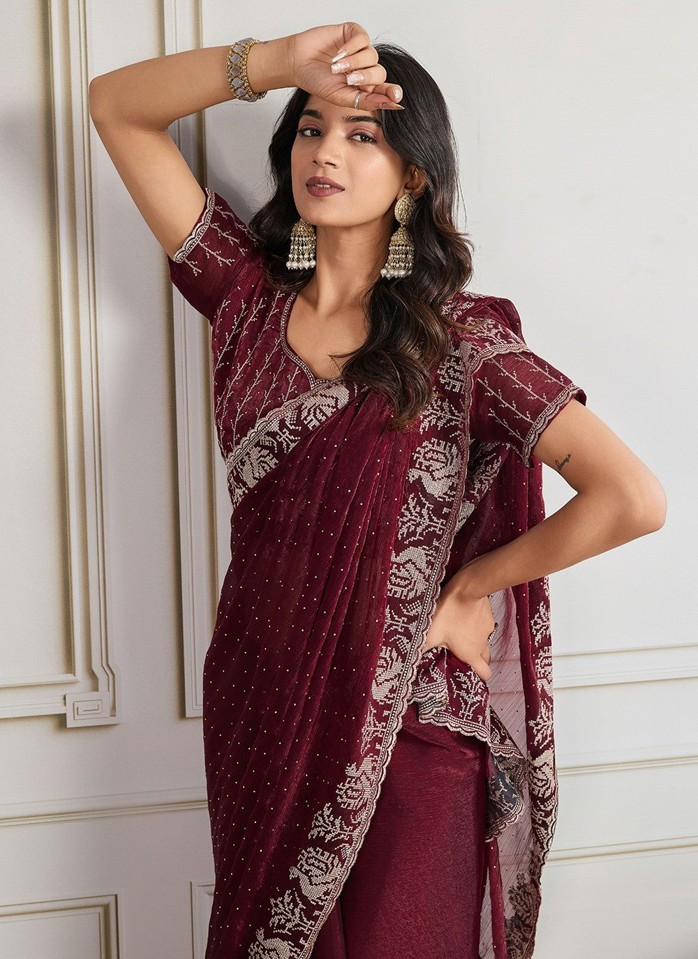 Maroon Silk Trendy Saree Embroidered, Swarovski S19436