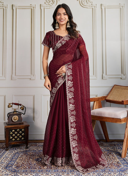 Maroon Silk Trendy Saree Embroidered, Swarovski S19436