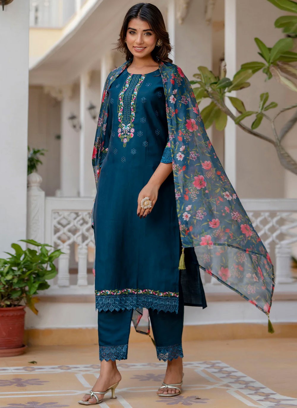 Embroidered Silk Morpeach Salwar Suit T6140