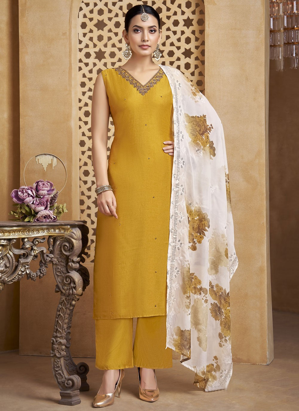 Pant Style Suit Embroidered Mustard T8260