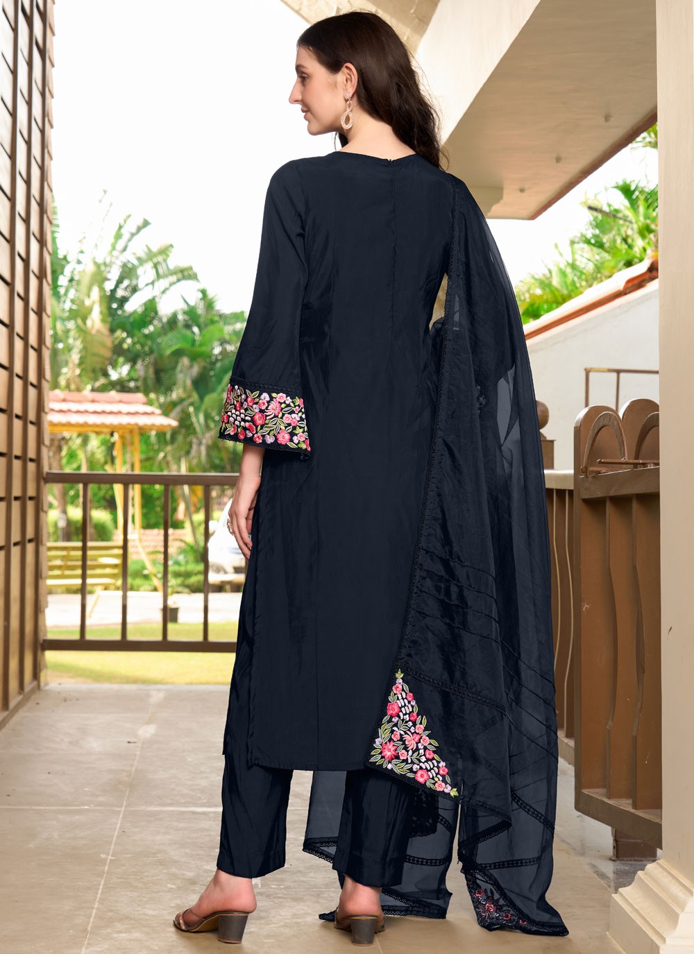 Pant Style Suit Embroidered Navy Blue Silk T5353