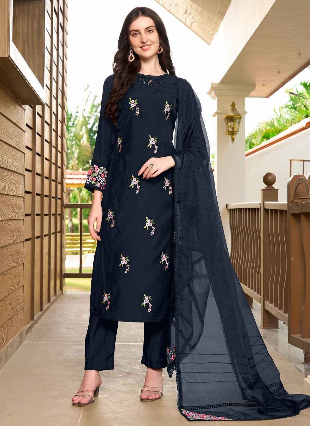 Pant Style Suit Embroidered Navy Blue Silk T5353