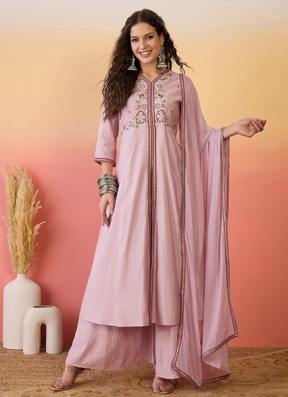 Palazzo Suit Embroidered Pink T6982