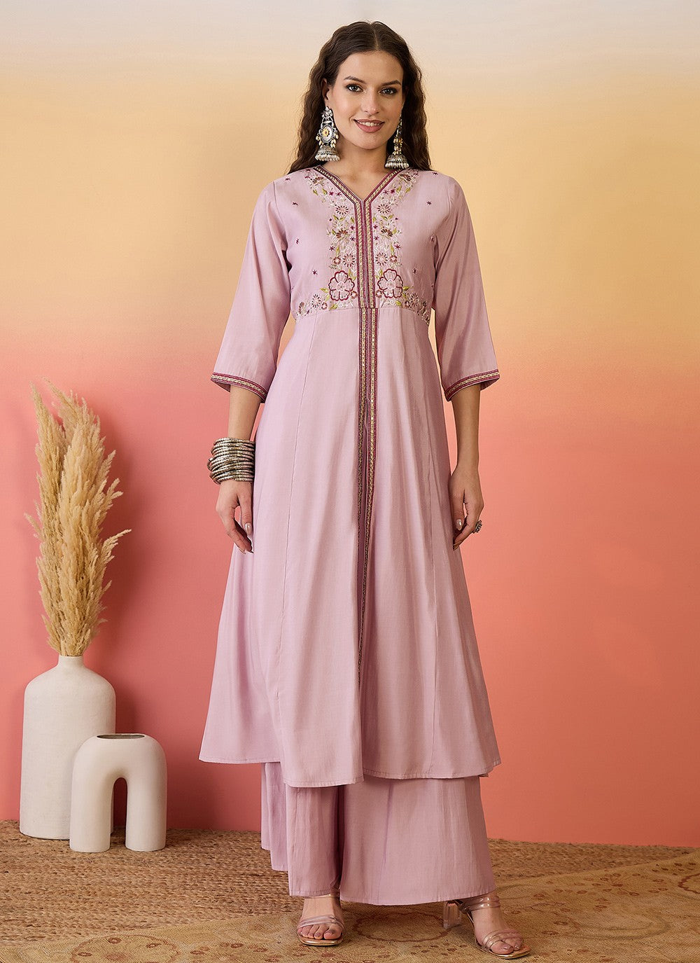 Palazzo Suit Embroidered Pink T6982