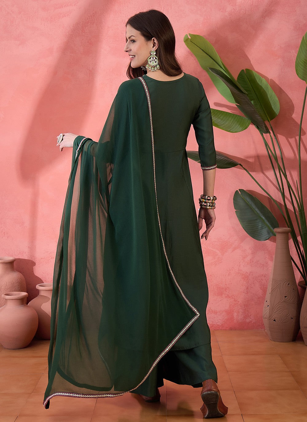 Palazzo Suit Embroidered Green T6984