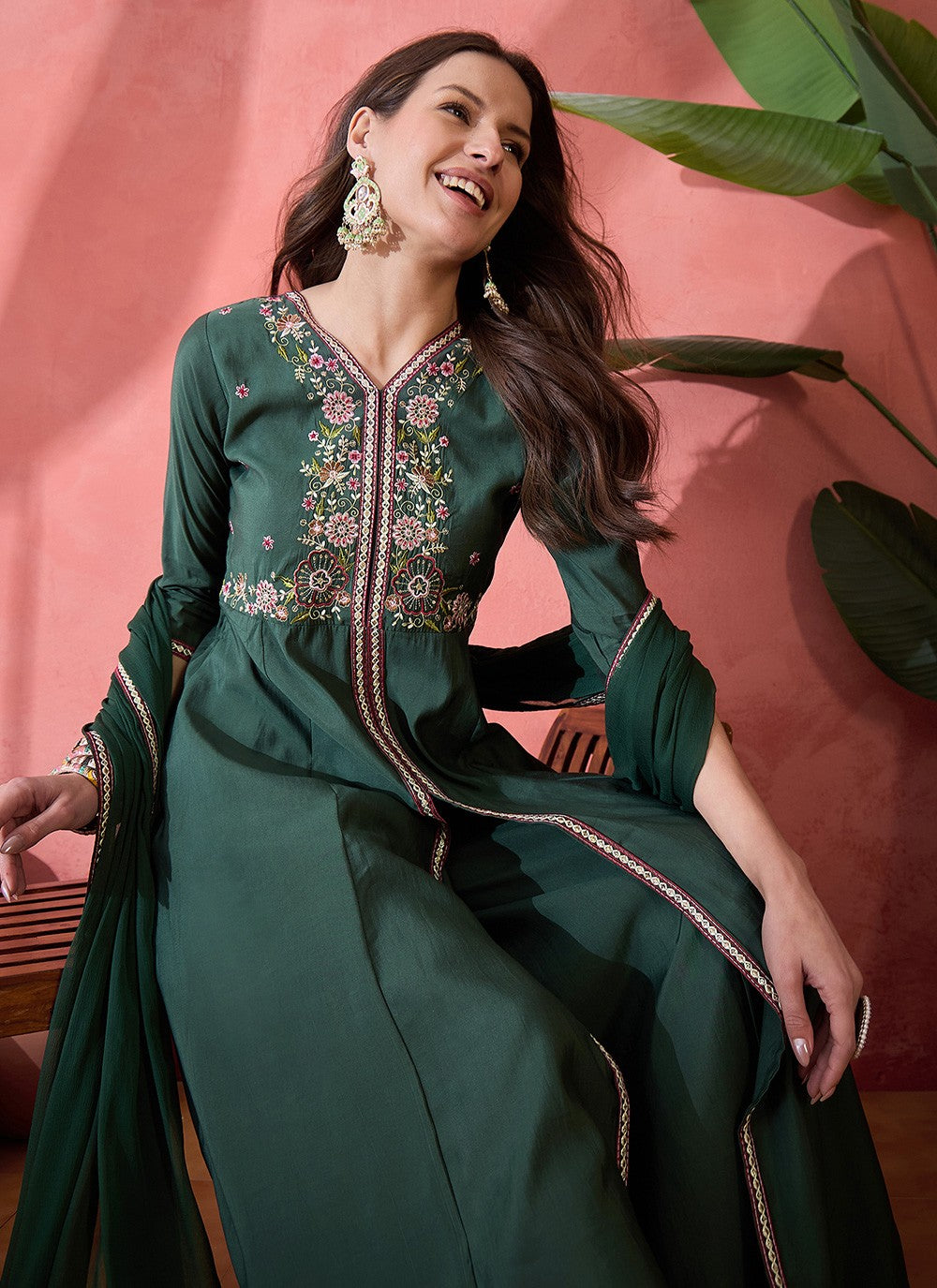 Palazzo Suit Embroidered Green T6984