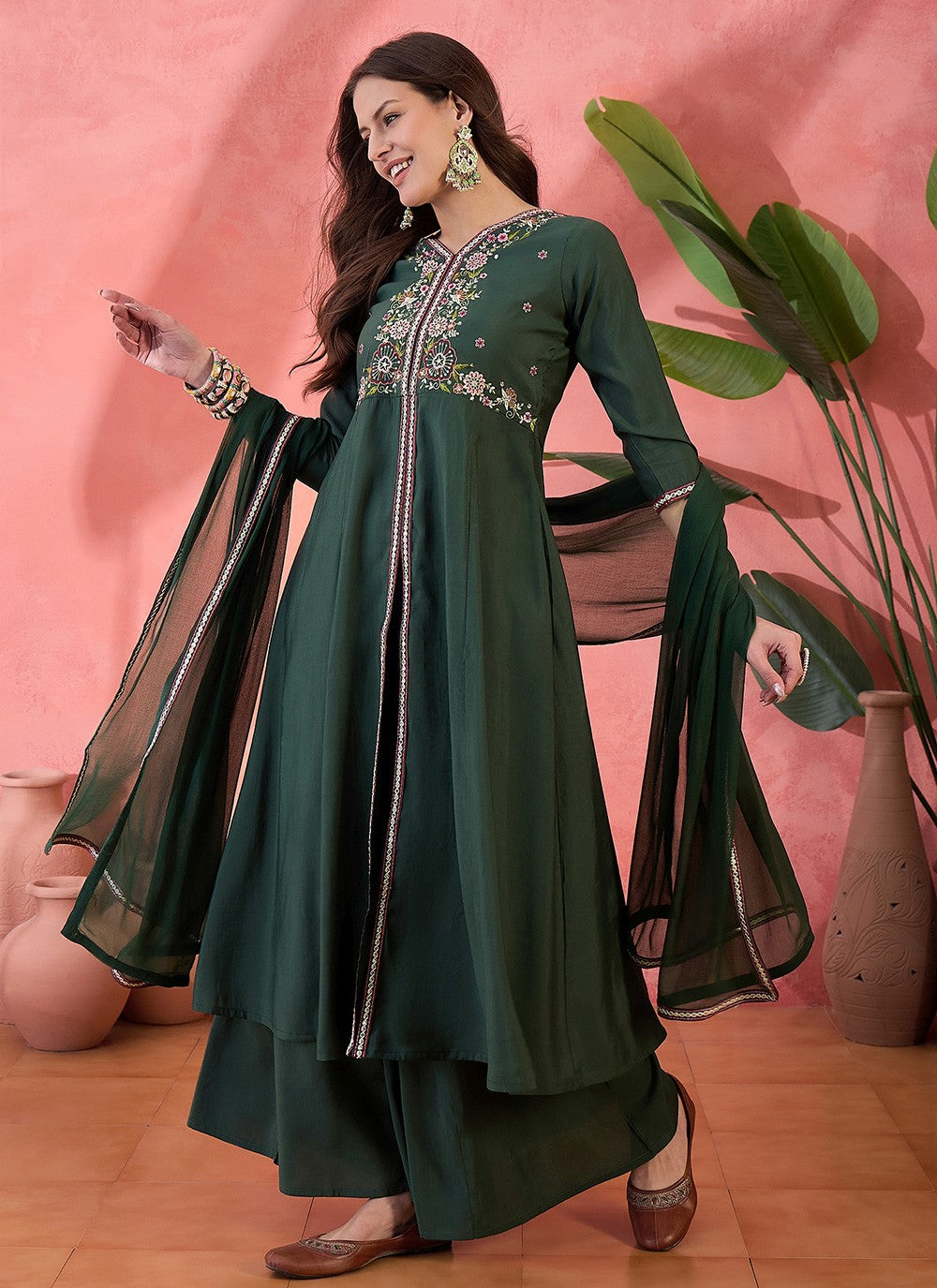Palazzo Suit Embroidered Green T6984