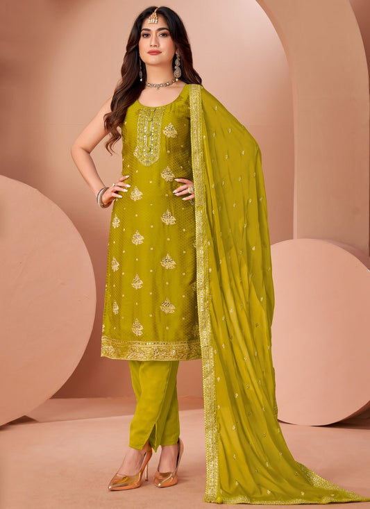 Pant Style Suit Embroidered, Zari Green T7439