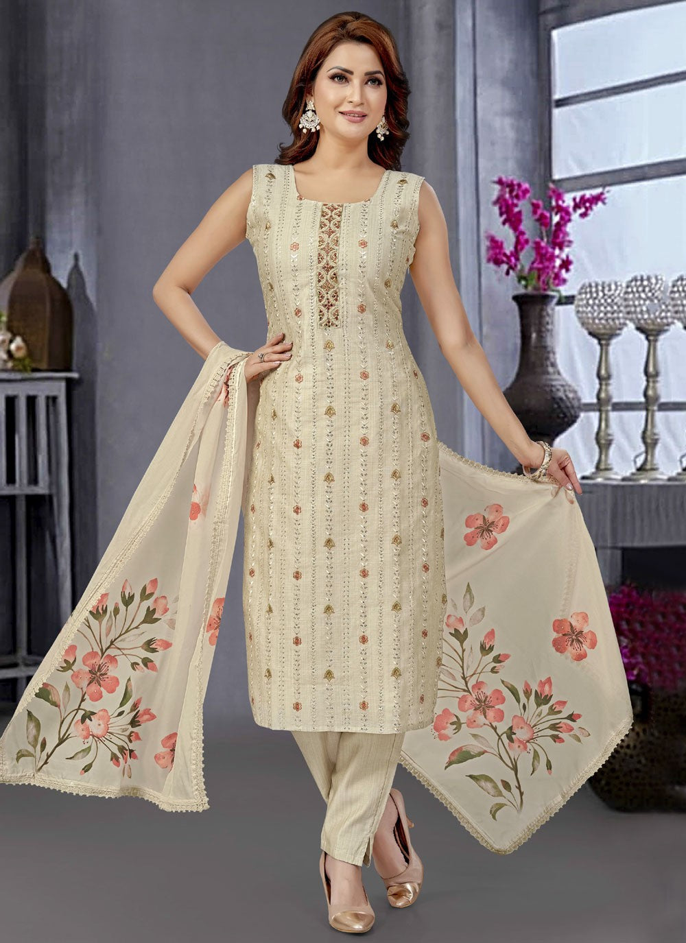 Pant Style Suit Embroidered Beige T7613