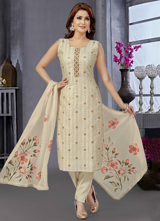 Pant Style Suit Embroidered Beige T7613