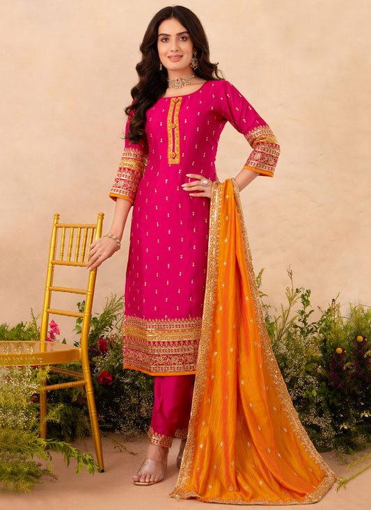 Pant Style Suit Embroidered, Zari Hot Pink T7590