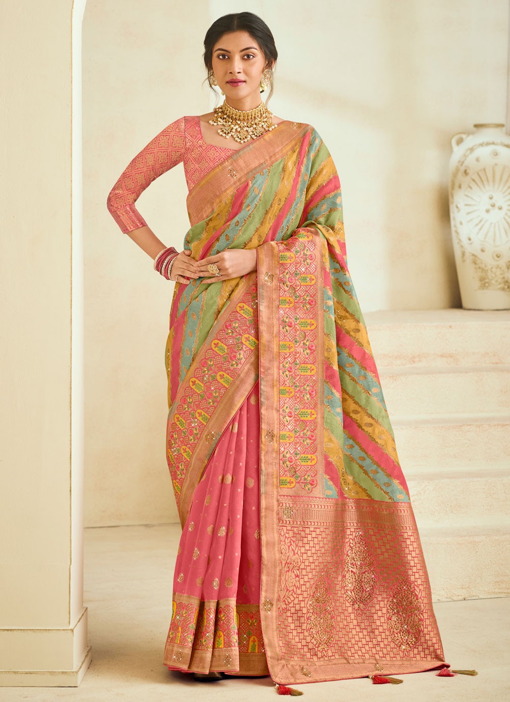 Contemporary Embroidered Hot Pink, Pink Silk S12493