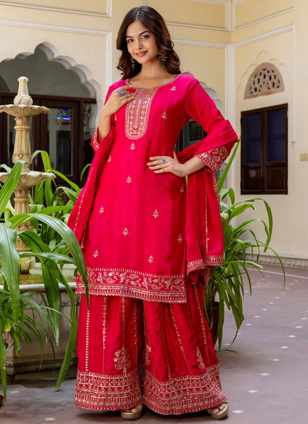 Palazzo Suit Embroidered Pink T8506