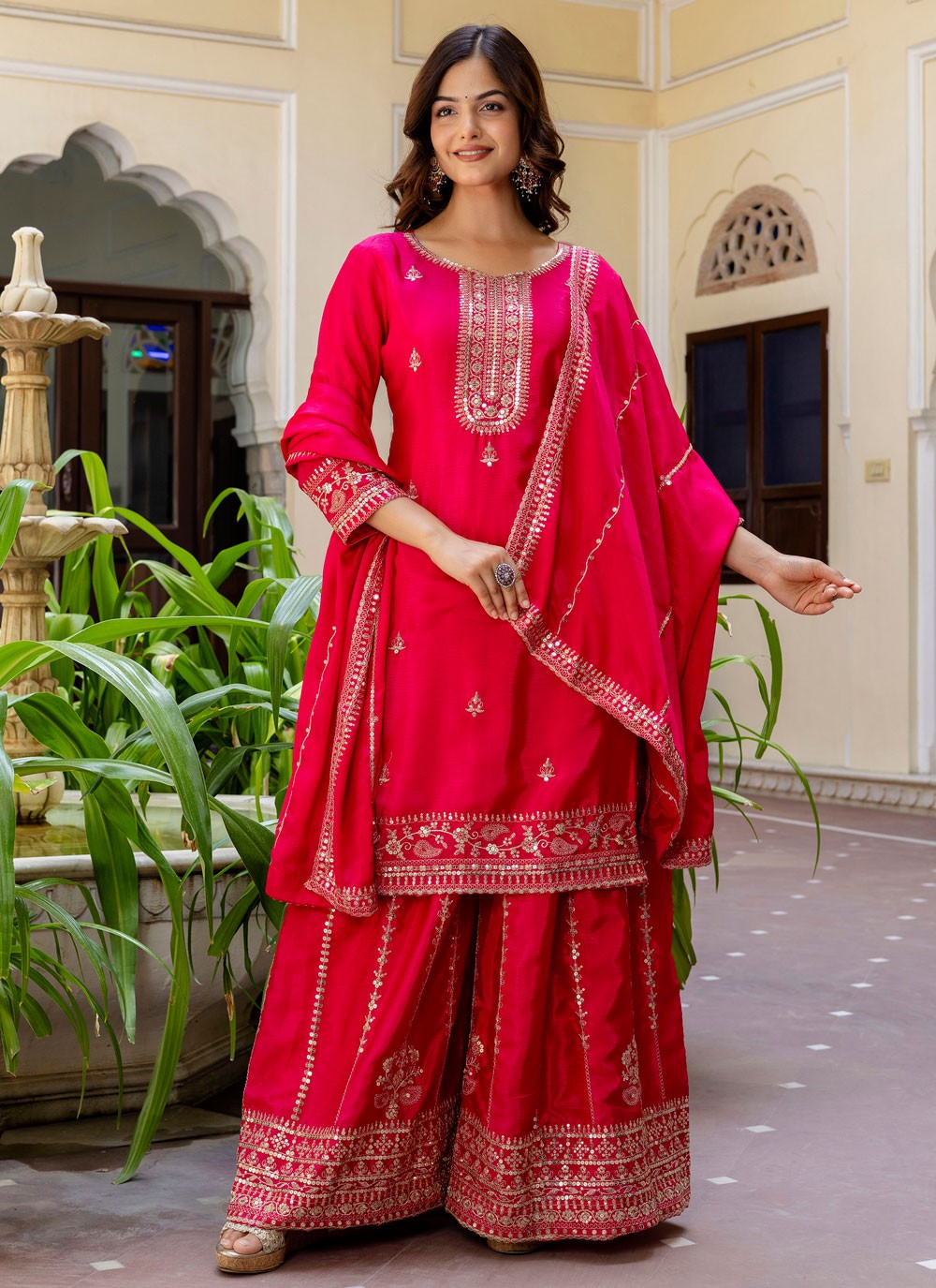 Palazzo Suit Embroidered Pink T8506