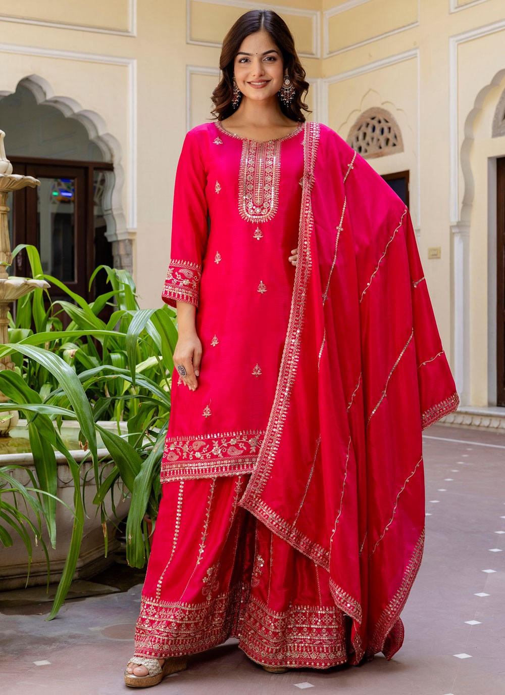Palazzo Suit Embroidered Pink T8506