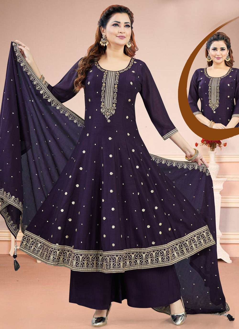 Anarkali Embroidered Purple Silk T5824