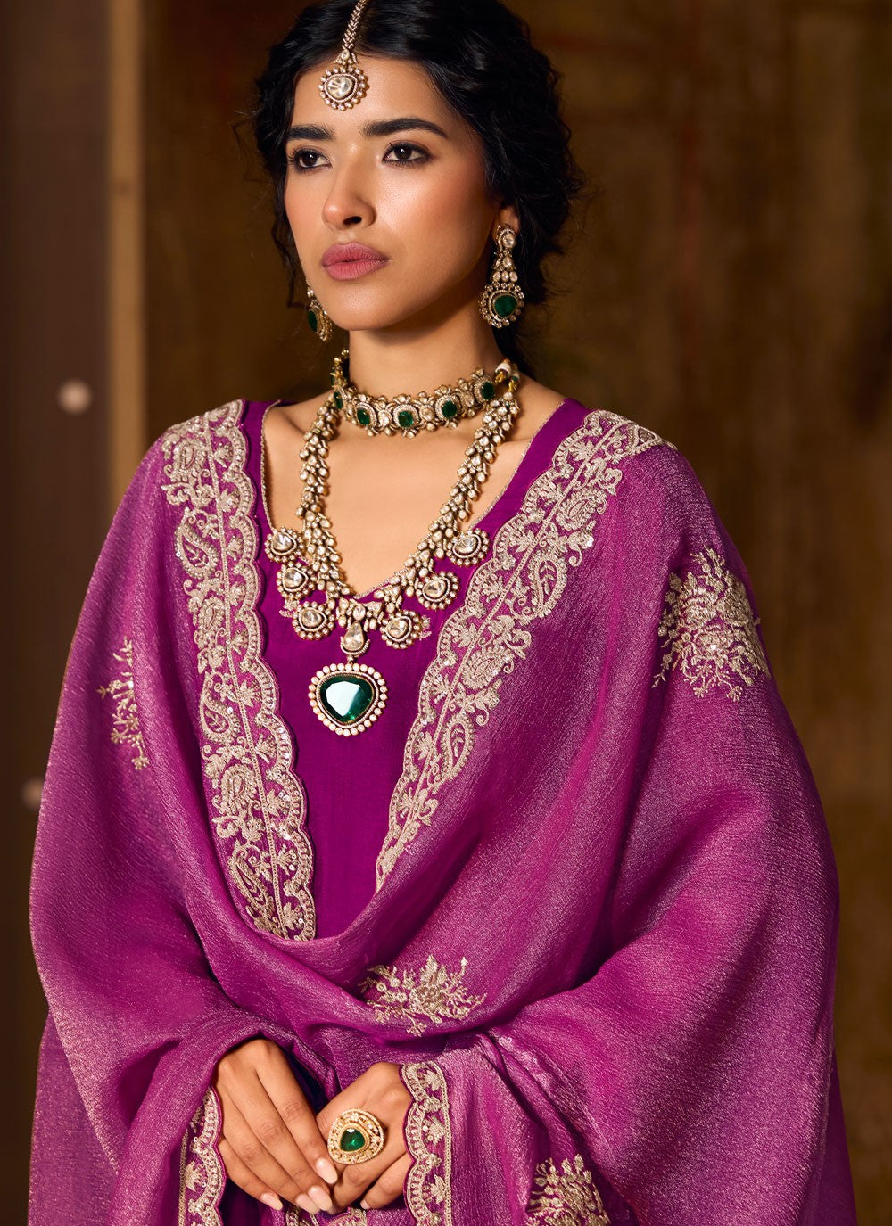 Salwar Suit Embroidered Purple Silk T5554