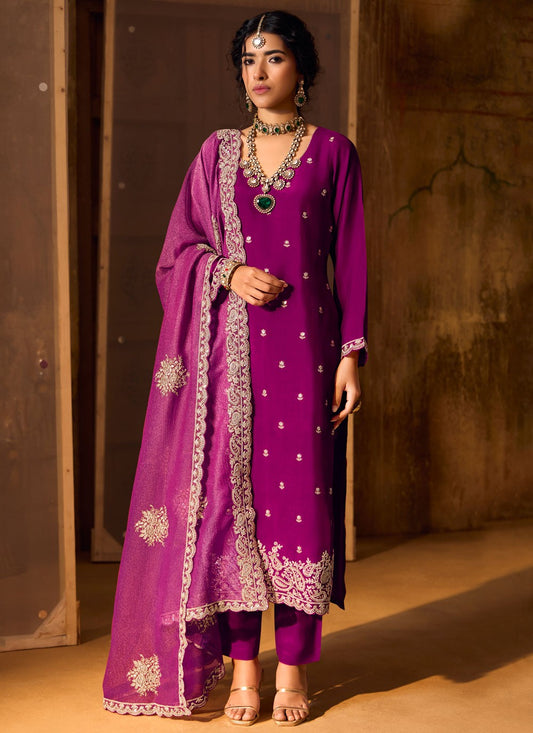 Salwar Suit Embroidered Purple Silk T5554