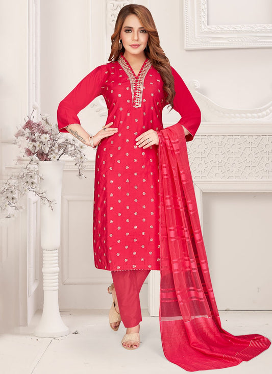 Salwar Suit Embroidered Hot Pink Silk T5718