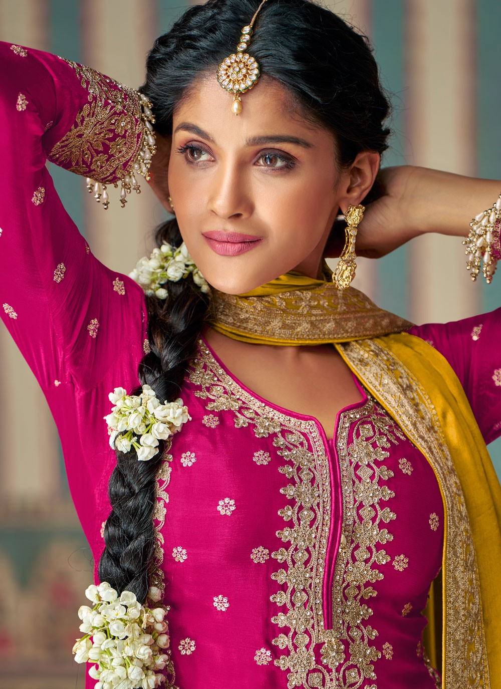 Salwar Suit Embroidered Hot Pink Chinon T5737