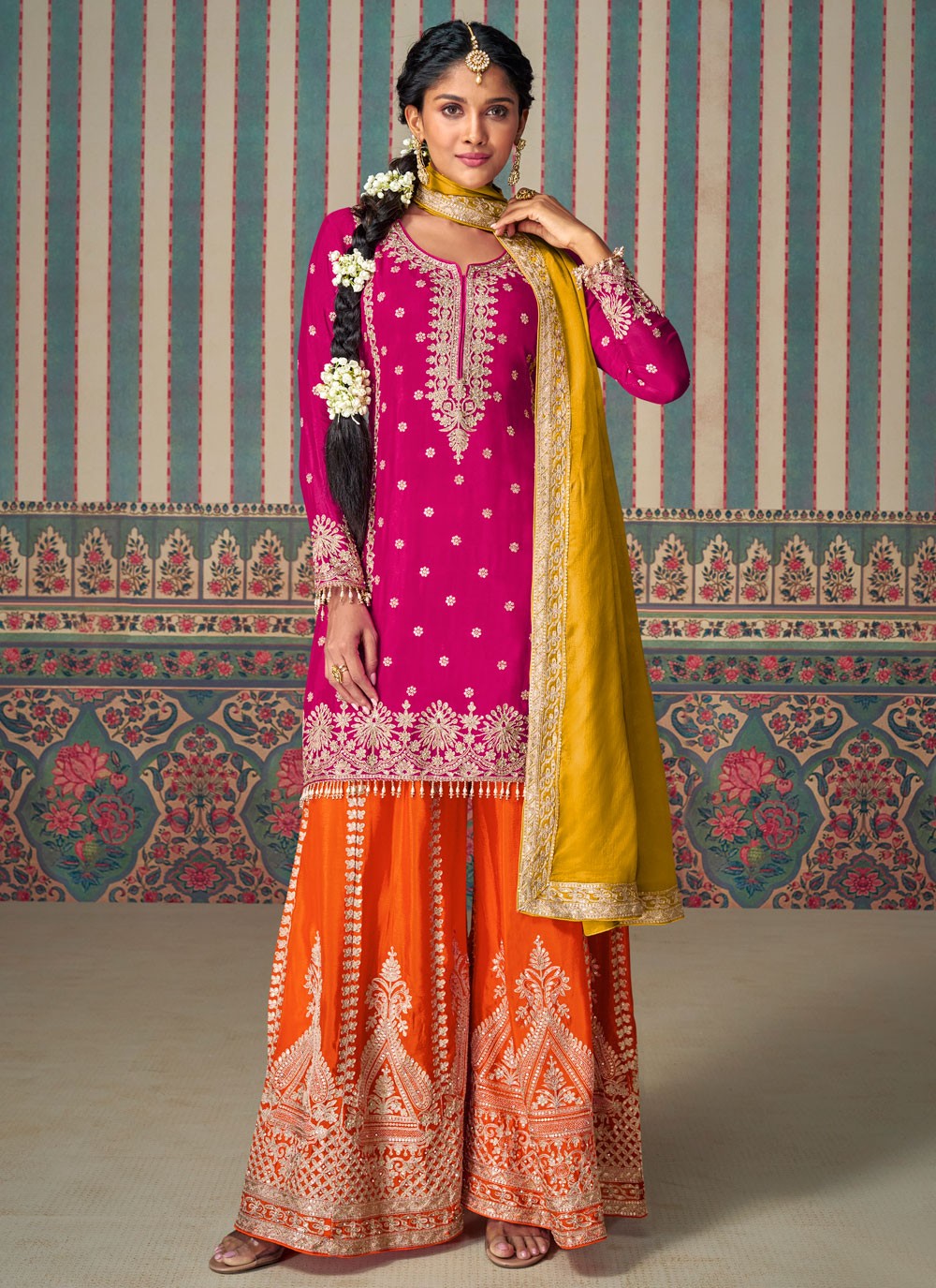 Salwar Suit Embroidered Hot Pink Chinon T5737